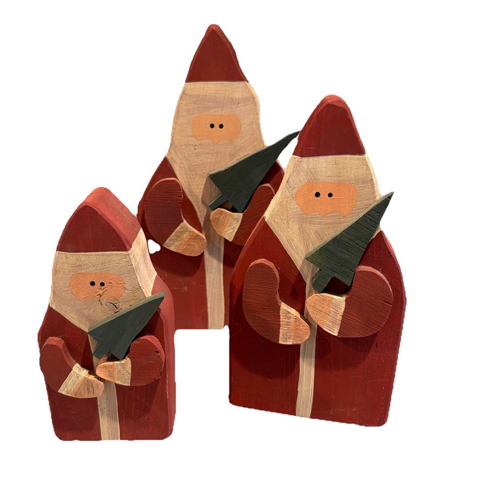 Hand Carved And Painted Santa Claus Wooden Trio